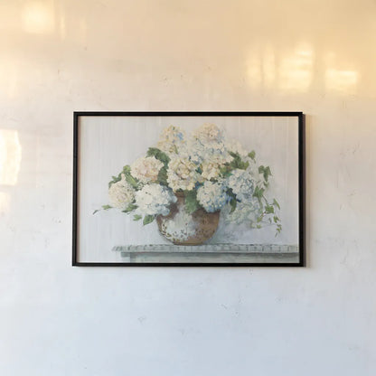 White Hydrangea Cottage by Carol Rowan. shown as a paper print in a black flame. Available as a archival giclee rolled canvas, fine art paper, or poster print. SKU 51425i.