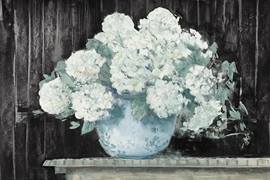 White Hydrangea on Black Crop by Carol Rowan. SKU 50434i. Archival Giclee Fine art print for wall decor.