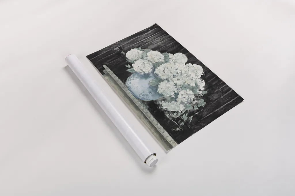White Hydrangea on Black Crop by Carol Rowan. shown as a rolled paper print. Available as archival giclee rolled canvas, fine art paper, or poster print. SKU 50434i.