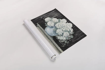 White Hydrangea on Black Crop by Carol Rowan. shown as a rolled paper print. Available as archival giclee rolled canvas, fine art paper, or poster print. SKU 50434i.