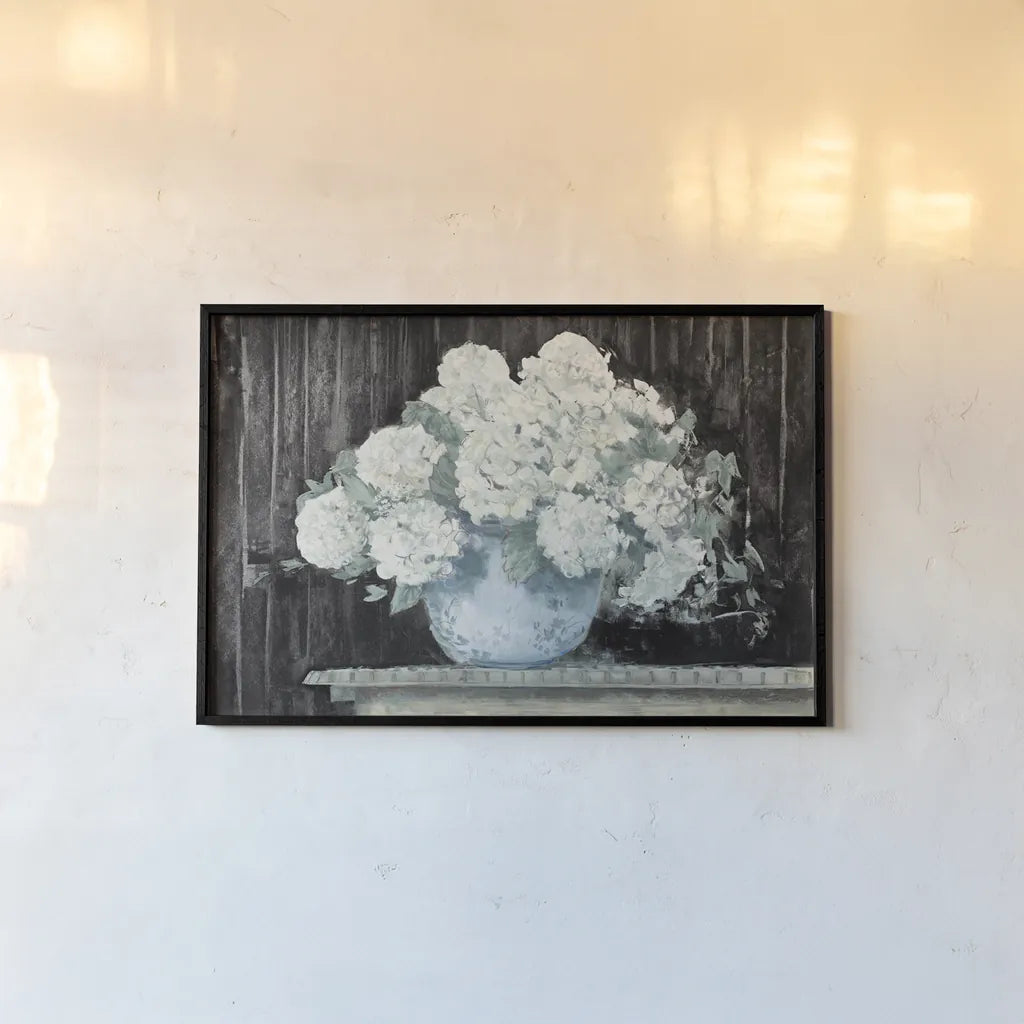 White Hydrangea on Black Crop by Carol Rowan. shown as a paper print in a black flame. Available as a archival giclee rolled canvas, fine art paper, or poster print. SKU 50434i.