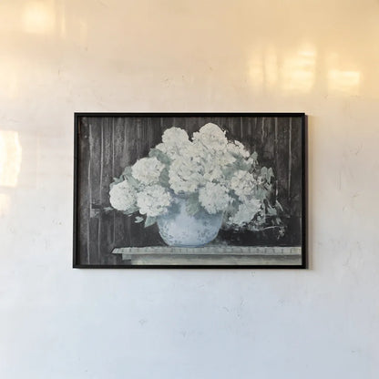 White Hydrangea on Black Crop by Carol Rowan. shown as a paper print in a black flame. Available as a archival giclee rolled canvas, fine art paper, or poster print. SKU 50434i.