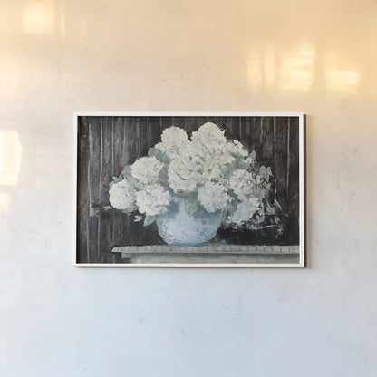 White Hydrangea on Black Crop by Carol Rowan. shown as a paper print in a white frame. Available as a archival giclee rolled canvas, fine art paper, or poster print. SKU 50434i.