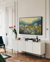 Wild Iris by Carol Rowan. shown as a framed stretched canvas in a living room above a console. Available as a archival giclee rolled canvas, fine art paper, or poster print. SKU 41963i.