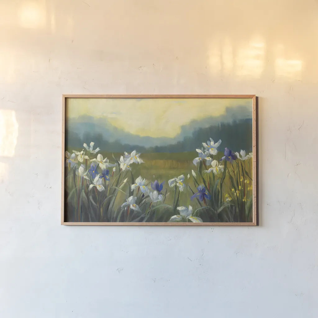 Wild Iris by Carol Rowan. shown as a paper print in a natural frame. Available as a archival giclee rolled canvas, fine art paper, or poster print. SKU 41963i.