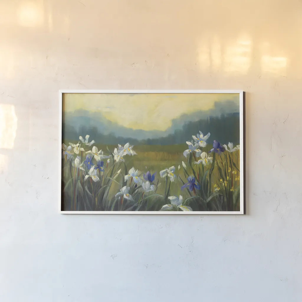 Wild Iris by Carol Rowan. shown as a paper print in a white frame. Available as a archival giclee rolled canvas, fine art paper, or poster print. SKU 41963i.
