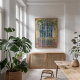 Window Box I by Carol Rowan. shown as a print in a natural wood frame in a dining room. Available as a archival giclee rolled canvas, fine art paper, or poster print. SKU 99888h.