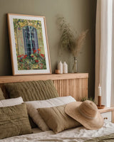 Window Box II by Carol Rowan. shown as a paper print in a natural frame. Available as a archival giclee rolled canvas, fine art paper, or poster print. SKU 99889h.
