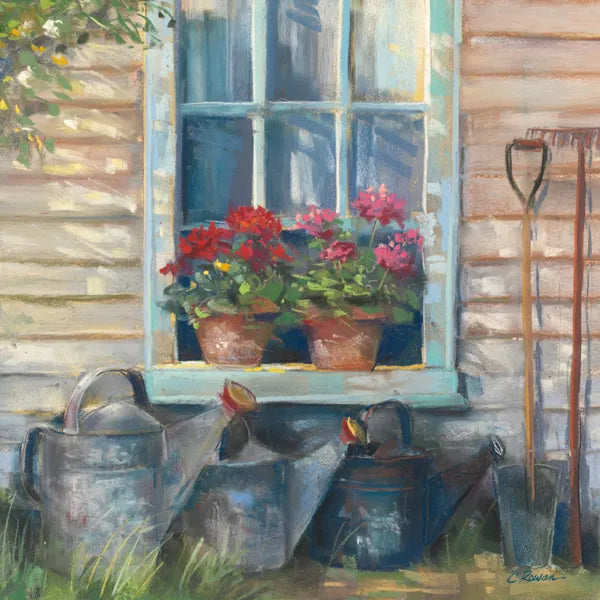Window with Geraniums by Carol Rowan. SKU 8771a. Archival Giclee Fine art print for wall decor.
