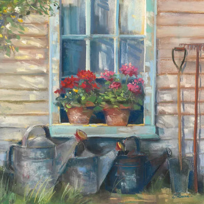 Window with Geraniums by Carol Rowan. SKU 8771a. Archival Giclee Fine art print for wall decor.