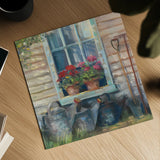 Window with Geraniums by Carol Rowan. Shown as a detailed flat fine art print, highlighting archival giclee quality. Available as an archival giclee rolled canvas, fine art paper, or poster print. SKU 8771a.