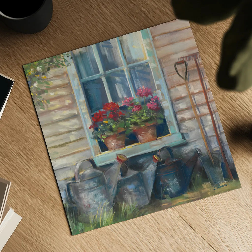Window with Geraniums by Carol Rowan. Shown as a detailed flat fine art print, highlighting archival giclee quality. Available as an archival giclee rolled canvas, fine art paper, or poster print. SKU 8771a.