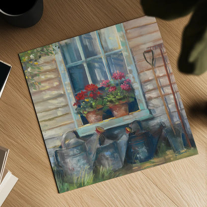 Window with Geraniums by Carol Rowan. Shown as a detailed flat fine art print, highlighting archival giclee quality. Available as an archival giclee rolled canvas, fine art paper, or poster print. SKU 8771a.