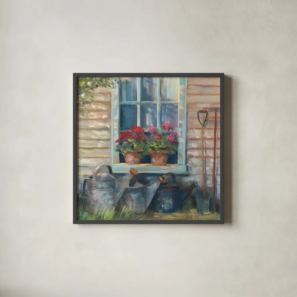 Window with Geraniums by Carol Rowan. Shown in a sleek black glass frame for a contemporary gallery look. Available as an archival giclee rolled canvas, fine art paper, or poster print. SKU 8771a.