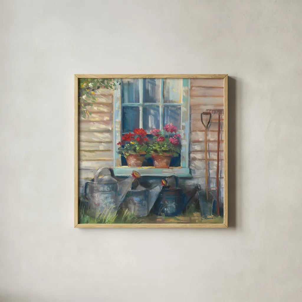 Window with Geraniums by Carol Rowan. Shown in a natural wood glass frame for a timeless modern aesthetic. Available as an archival giclee rolled canvas, fine art paper, or poster print. SKU 8771a.