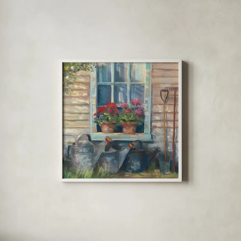 Window with Geraniums by Carol Rowan. Shown in a crisp white glass frame for a clean and minimalist style. Available as an archival giclee rolled canvas, fine art paper, or poster print. SKU 8771a.