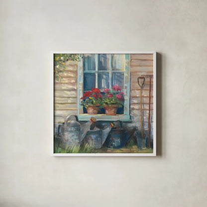 Window with Geraniums by Carol Rowan. Shown in a crisp white glass frame for a clean and minimalist style. Available as an archival giclee rolled canvas, fine art paper, or poster print. SKU 8771a.