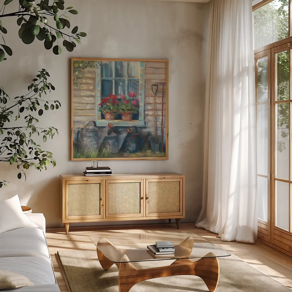 Window with Geraniums by Carol Rowan. Shown in a natural wood frame in a cozy modern living room. Available as an archival giclee rolled canvas, fine art paper, or poster print. SKU 8771a.