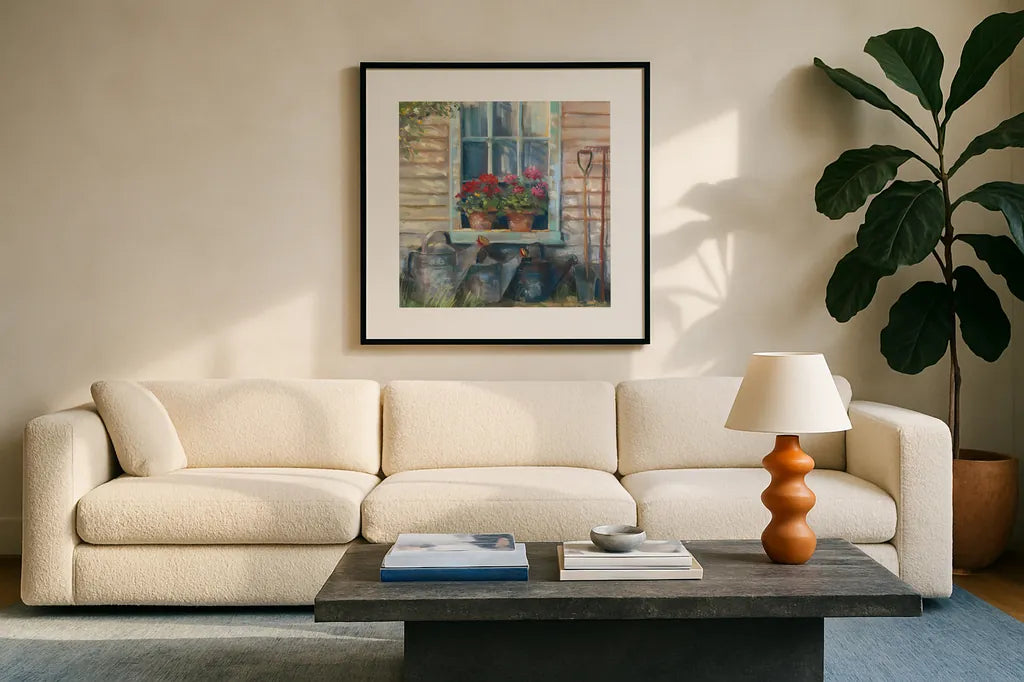 Window with Geraniums by Carol Rowan. Displayed in a glass frame with matte in a clean modern living room. Available as an archival giclee rolled canvas, fine art paper, or poster print. SKU 8771a.