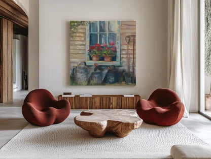 Window with Geraniums by Carol Rowan. Shown as extra-large giant wall art in a modern living room. Available as an archival giclee rolled canvas, fine art paper, or poster print. SKU 8771a.