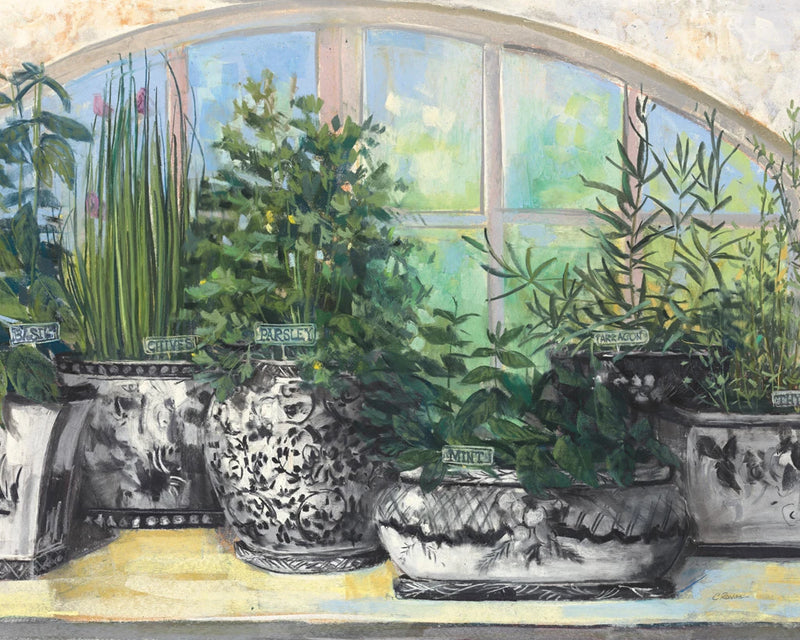 Windowsill Herbs BW Vases Crop by Carol Rowan