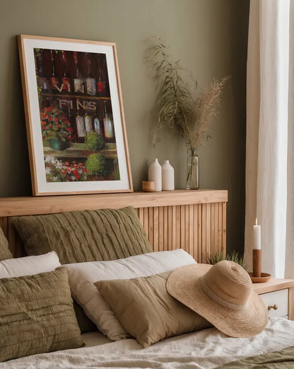 Wine and Herbs I by Carol Rowan. shown as a paper print in a natural frame. Available as a archival giclee rolled canvas, fine art paper, or poster print. SKU 8178h.