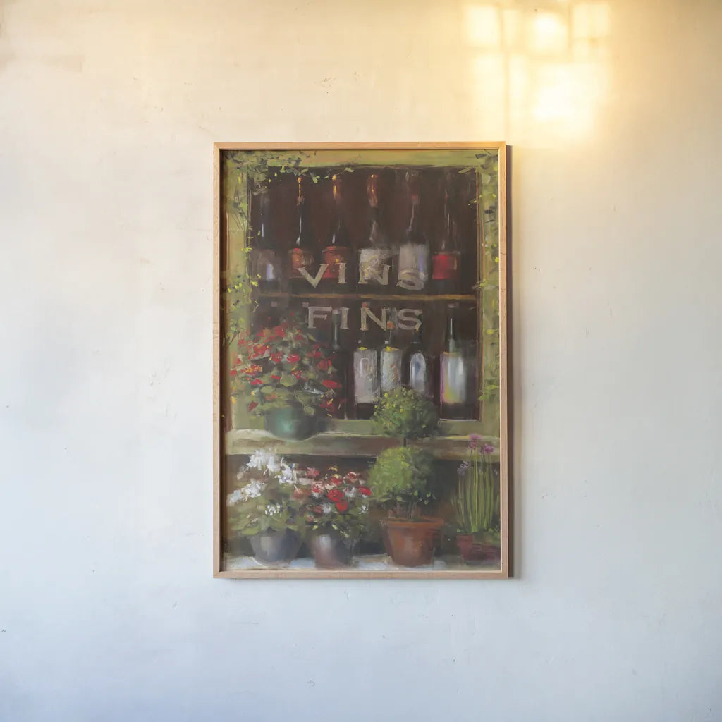 Wine and Herbs I by Carol Rowan. shown as a paper print in a natural frame. Available as a archival giclee rolled canvas, fine art paper, or poster print. SKU 8178h.