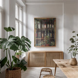 Wine and Herbs II by Carol Rowan. shown as a print in a natural wood frame in a dining room. Available as a archival giclee rolled canvas, fine art paper, or poster print. SKU 8179h.