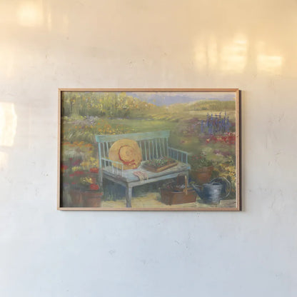 Working in the Garden by Carol Rowan. shown as a paper print in a natural frame. Available as a archival giclee rolled canvas, fine art paper, or poster print. SKU 12788i.