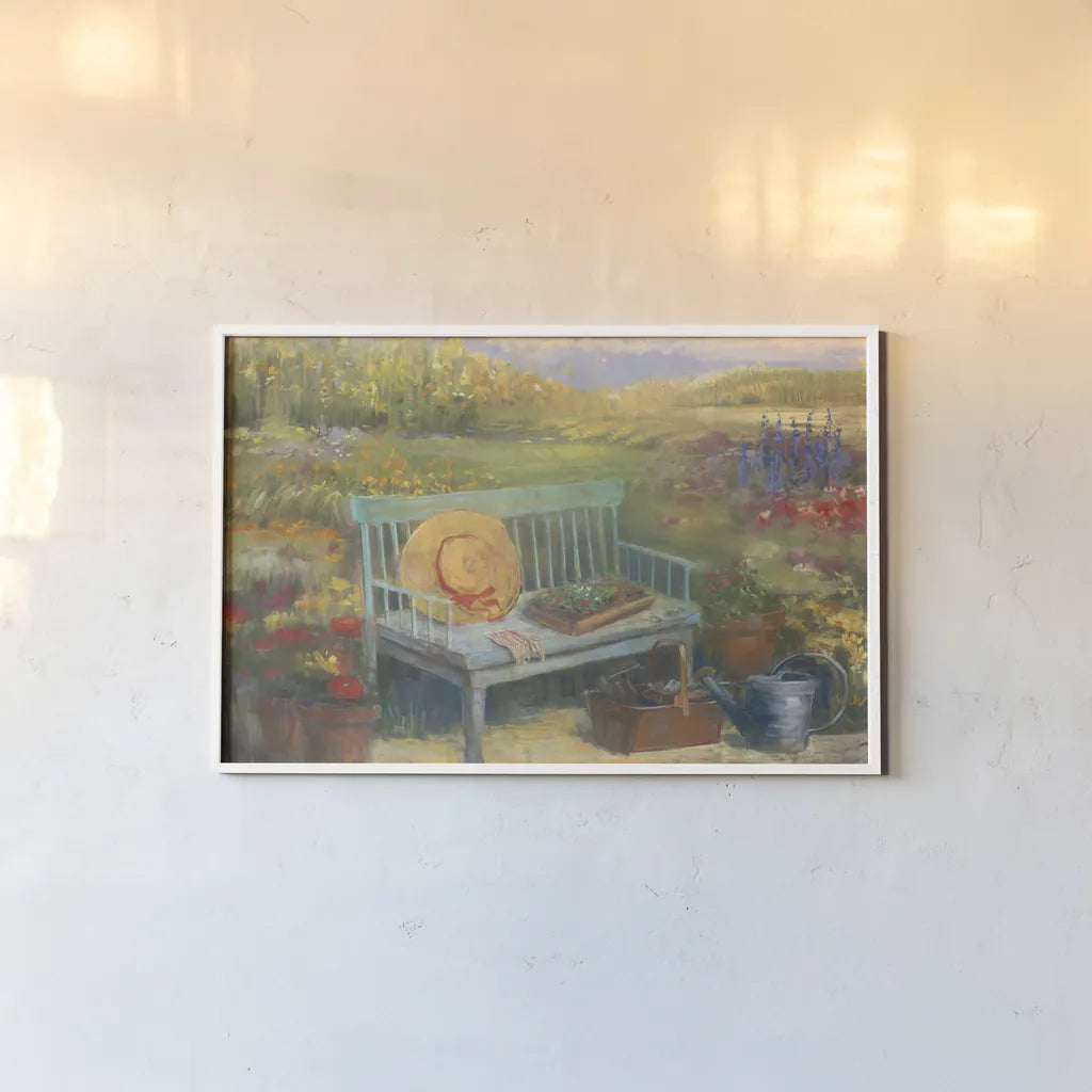 Working in the Garden by Carol Rowan. shown as a paper print in a white frame. Available as a archival giclee rolled canvas, fine art paper, or poster print. SKU 12788i.