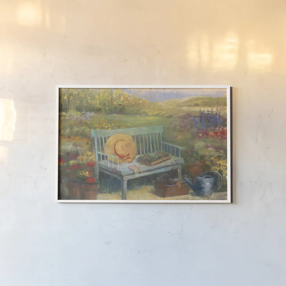 Working in the Garden by Carol Rowan. shown as a paper print in a white frame. Available as a archival giclee rolled canvas, fine art paper, or poster print. SKU 12788i.