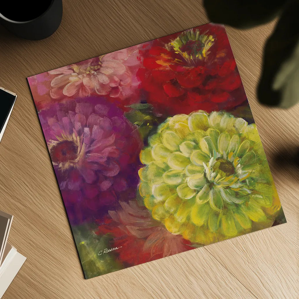 Zinnia Gala I by Carol Rowan. Shown as a detailed flat fine art print, highlighting archival giclee quality. Available as an archival giclee rolled canvas, fine art paper, or poster print. SKU 8648a.