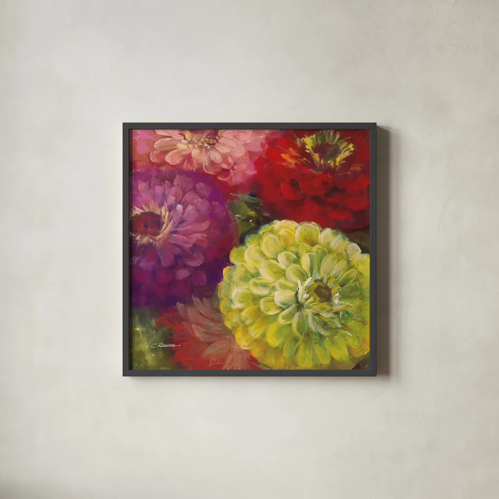 Zinnia Gala I by Carol Rowan. Shown in a sleek black glass frame for a contemporary gallery look. Available as an archival giclee rolled canvas, fine art paper, or poster print. SKU 8648a.