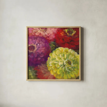 Zinnia Gala I by Carol Rowan. Shown in a natural wood glass frame for a timeless modern aesthetic. Available as an archival giclee rolled canvas, fine art paper, or poster print. SKU 8648a.
