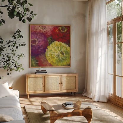 Zinnia Gala I by Carol Rowan. Shown in a natural wood frame in a cozy modern living room. Available as an archival giclee rolled canvas, fine art paper, or poster print. SKU 8648a.