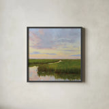 Brilliant Marsh Sunset by Carson Overstreet. Shown in a sleek black glass frame for a contemporary gallery look. Available as an archival giclee rolled canvas, fine art paper, or poster print. SKU 99714a.