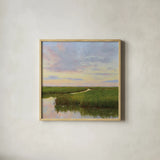 Brilliant Marsh Sunset by Carson Overstreet. Shown in a natural wood glass frame for a timeless modern aesthetic. Available as an archival giclee rolled canvas, fine art paper, or poster print. SKU 99714a.