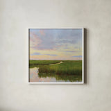 Brilliant Marsh Sunset by Carson Overstreet. Shown in a crisp white glass frame for a clean and minimalist style. Available as an archival giclee rolled canvas, fine art paper, or poster print. SKU 99714a.