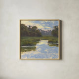 Cove Serenity by Carson Overstreet. Shown in a natural wood glass frame for a timeless modern aesthetic. Available as an archival giclee rolled canvas, fine art paper, or poster print. SKU 104137a.