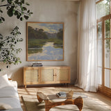 Cove Serenity by Carson Overstreet. Shown in a natural wood frame in a cozy modern living room. Available as an archival giclee rolled canvas, fine art paper, or poster print. SKU 104137a.