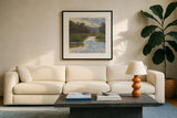 Cove Serenity by Carson Overstreet. Displayed in a glass frame with matte in a clean modern living room. Available as an archival giclee rolled canvas, fine art paper, or poster print. SKU 104137a.