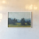 Fields and Mountains by Carson Overstreet. shown as a paper print in a white frame. Available as a archival giclee rolled canvas, fine art paper, or poster print. SKU 97432i.