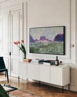 Impressionsitic Meadow by Carson Overstreet. shown as a framed stretched canvas in a living room above a console. Available as a archival giclee rolled canvas, fine art paper, or poster print. SKU 97434i.