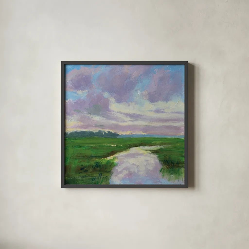 Marsh Creek by Carson Overstreet. Shown in a sleek black glass frame for a contemporary gallery look. Available as an archival giclee rolled canvas, fine art paper, or poster print. SKU 99023a.