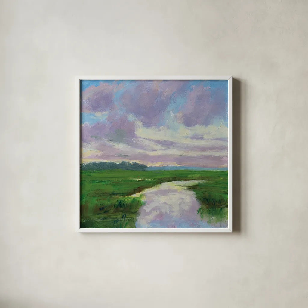Marsh Creek by Carson Overstreet. Shown in a crisp white glass frame for a clean and minimalist style. Available as an archival giclee rolled canvas, fine art paper, or poster print. SKU 99023a.