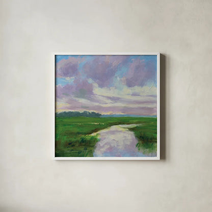 Marsh Creek by Carson Overstreet. Shown in a crisp white glass frame for a clean and minimalist style. Available as an archival giclee rolled canvas, fine art paper, or poster print. SKU 99023a.