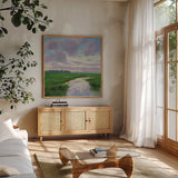 Marsh Creek by Carson Overstreet. Shown in a natural wood frame in a cozy modern living room. Available as an archival giclee rolled canvas, fine art paper, or poster print. SKU 99023a.