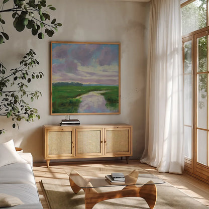 Marsh Creek by Carson Overstreet. Shown in a natural wood frame in a cozy modern living room. Available as an archival giclee rolled canvas, fine art paper, or poster print. SKU 99023a.