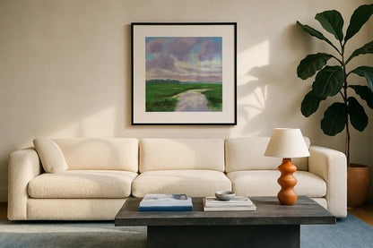 Marsh Creek by Carson Overstreet. Displayed in a glass frame with matte in a clean modern living room. Available as an archival giclee rolled canvas, fine art paper, or poster print. SKU 99023a.