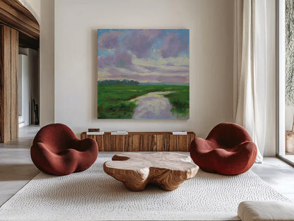 Marsh Creek by Carson Overstreet. Shown as extra-large giant wall art in a modern living room. Available as an archival giclee rolled canvas, fine art paper, or poster print. SKU 99023a.